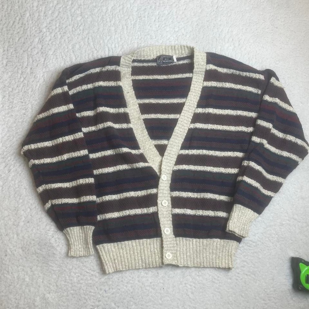 Vintage striped men's blue cardigan‎ sweater USA made preppy soft cottage M